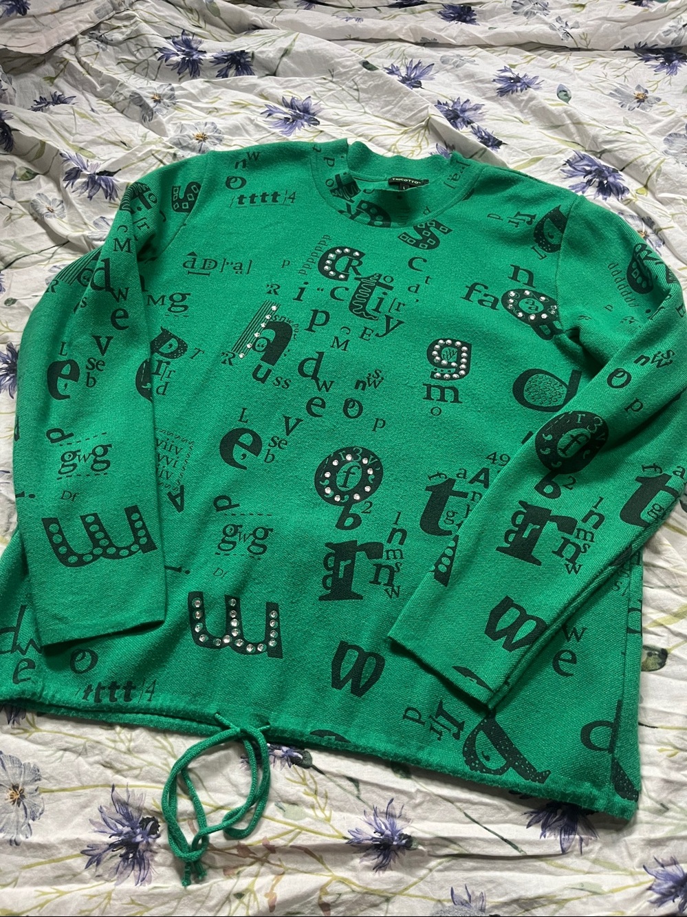 Tricotto Emerald Green Rhinestone Letter Print Sweater – Size L – Like New - Picture 3 of 9